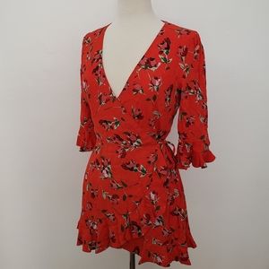 Zara Red Floral Wrap Mini Dress Small